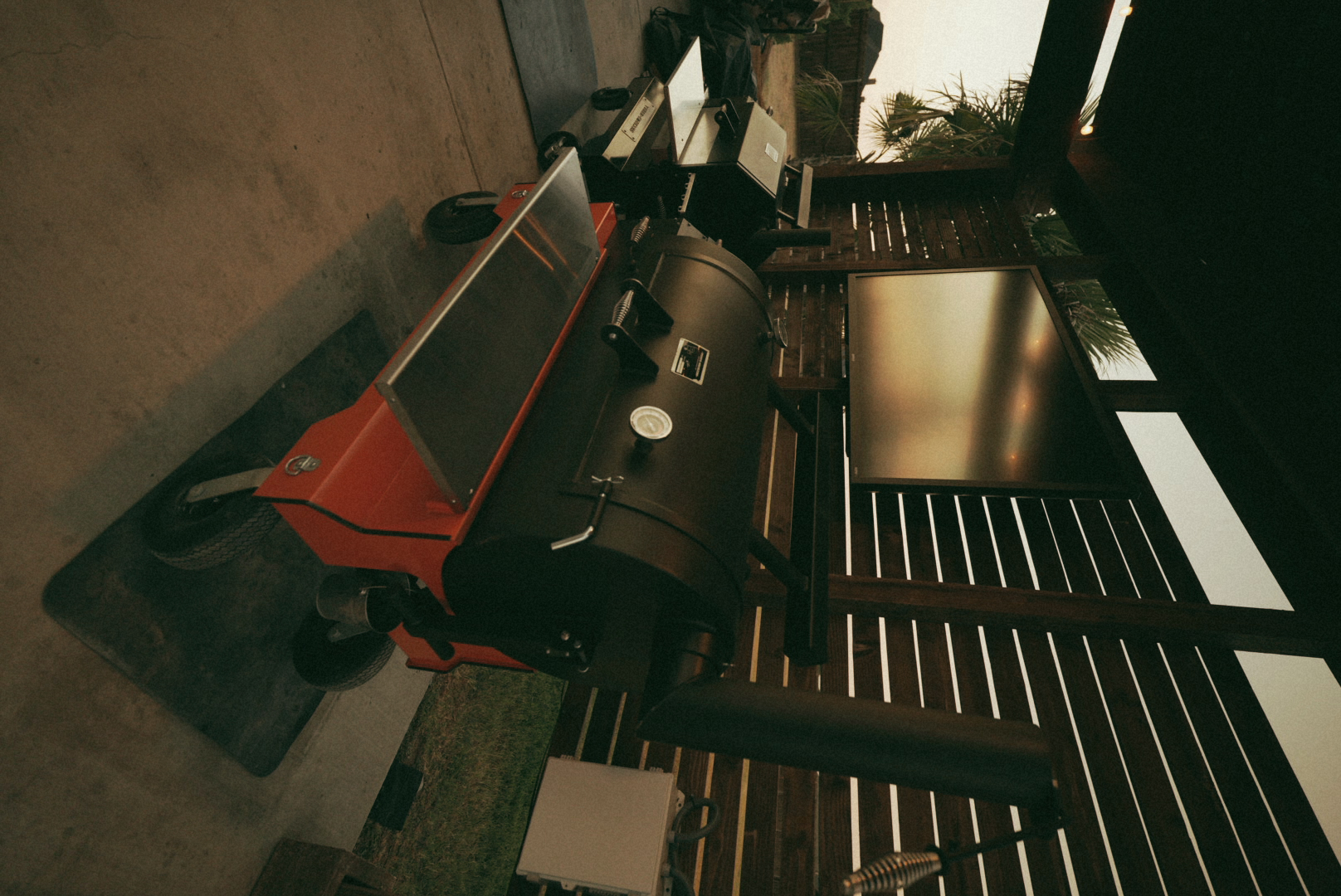 Yoder smoker photographed in an outdoor kitchen